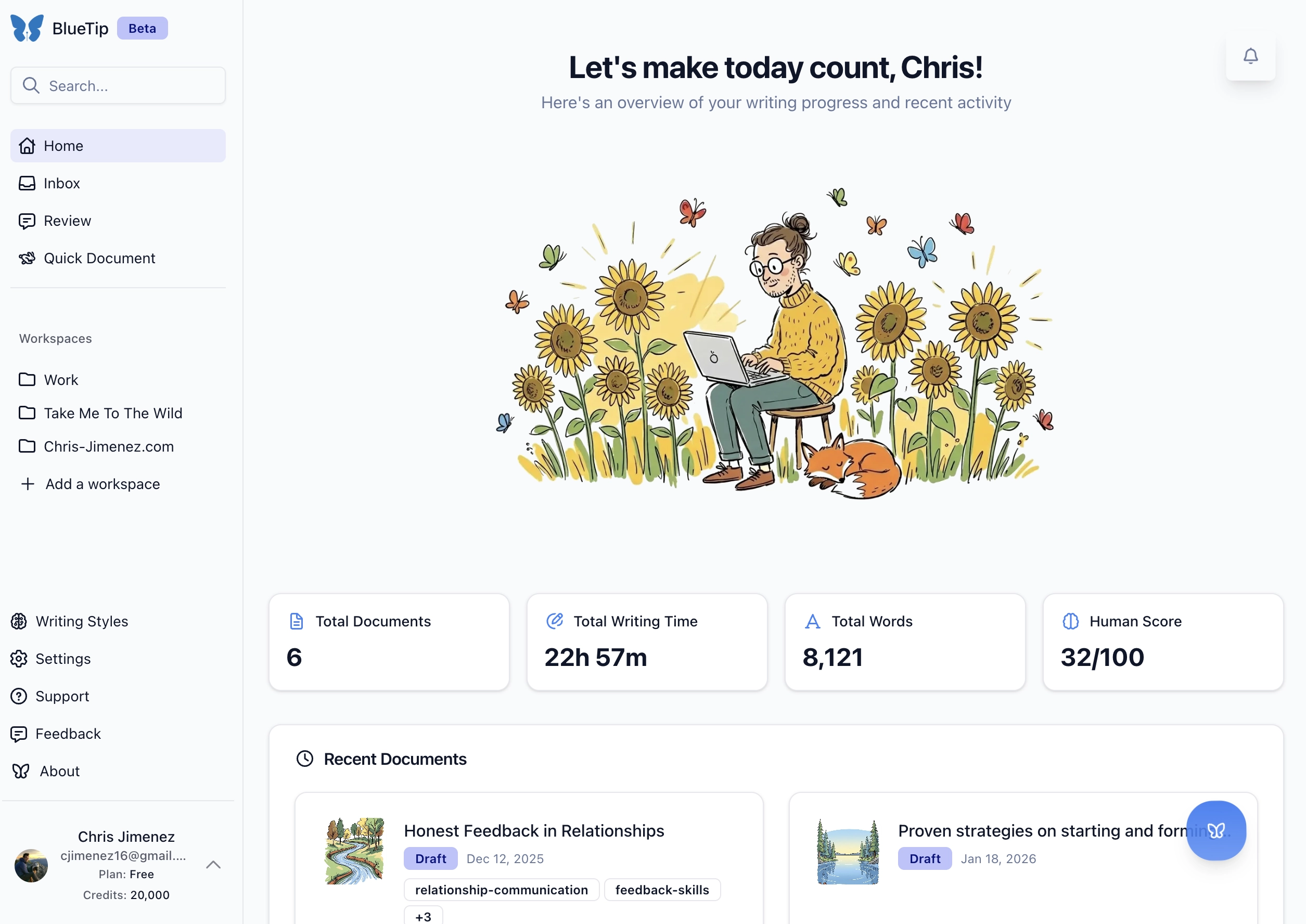 BlueTip writing app interface