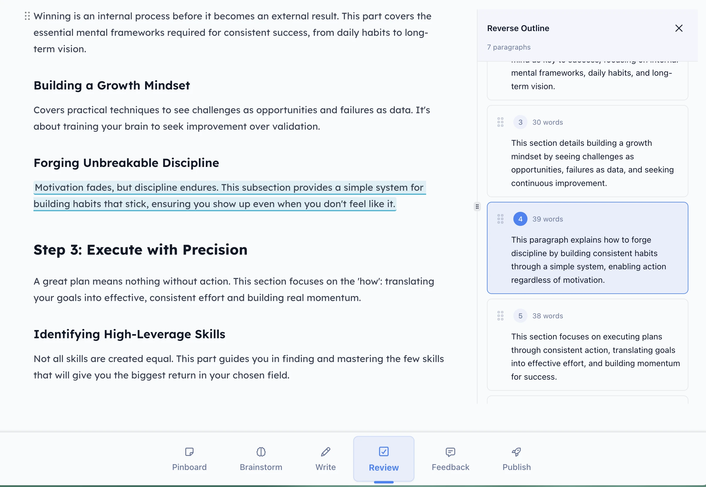 BlueTip Reverse Outline - paragraph summaries and structural analysis
